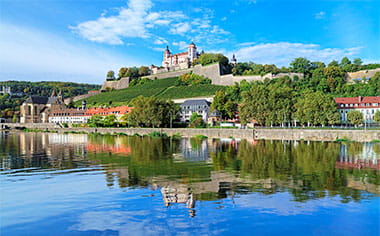 Marienberg Fortress reflecting in the Main River in Wurzburg, Germany